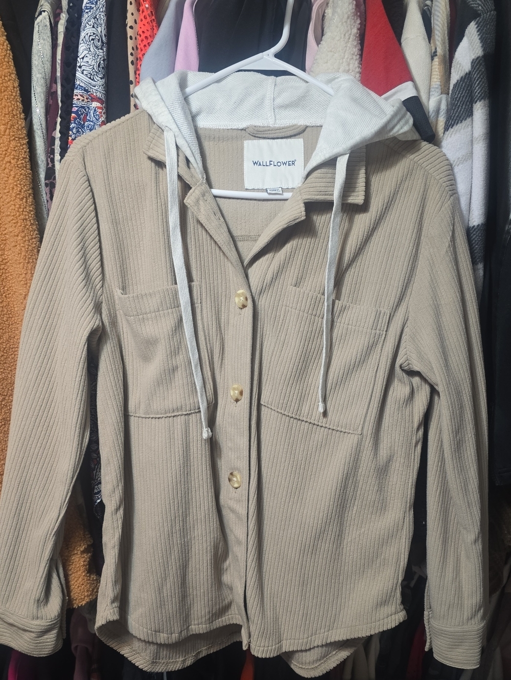 Wallflower Beige Ribbed Hooded Button-Front Utility Jacket Brand New